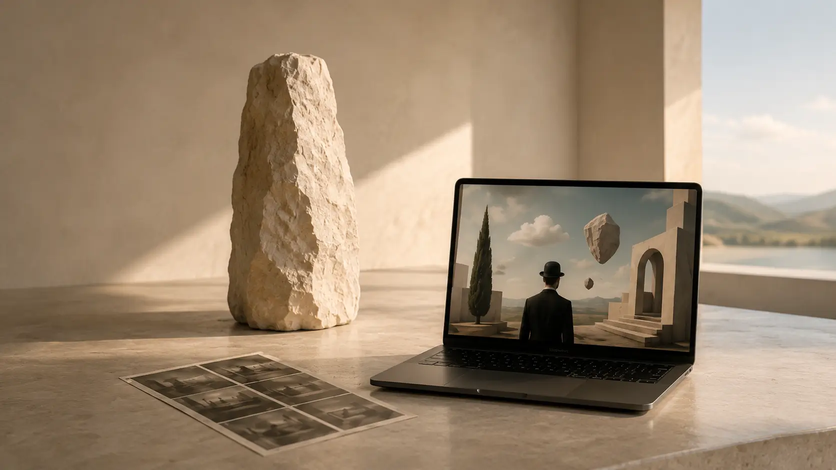 A quiet still life on a stone ledge — a rough-hewn stone monolith, a small dark marble cube, a brass sphere and an open sketchbook
