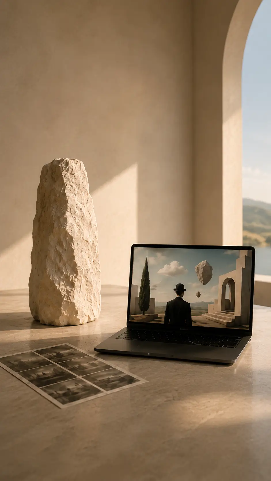 A quiet still life on a stone ledge — a rough-hewn stone monolith, a small dark marble cube, a brass sphere and an open sketchbook