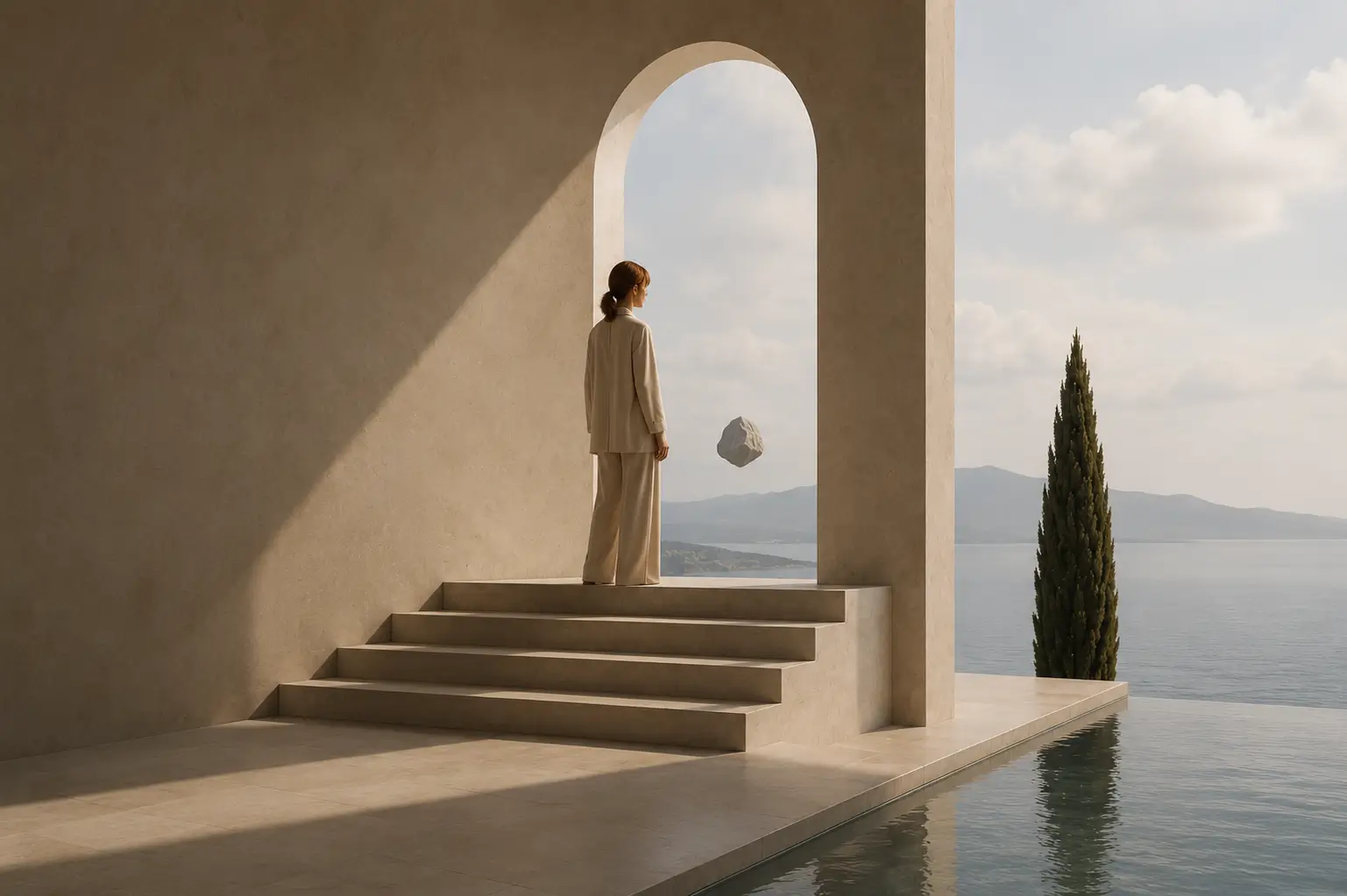 A figure in tailored cream stands beneath a stone archway at the top of wide steps, overlooking a calm sea and cypress at dusk
