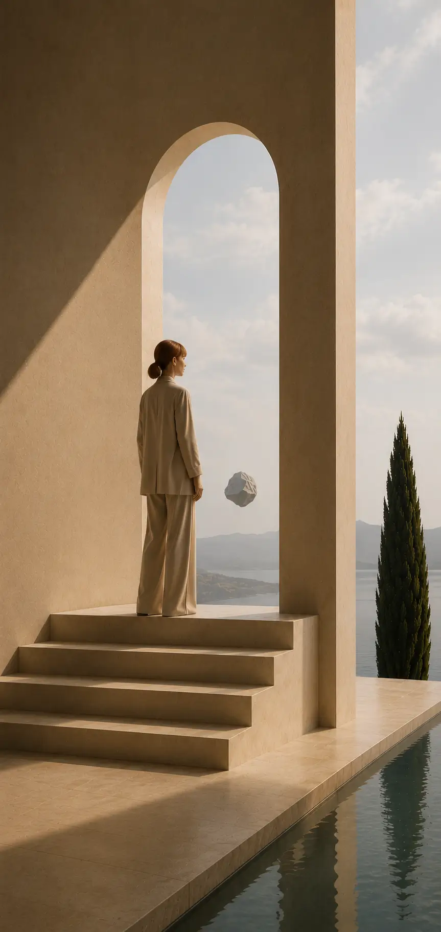 A figure in tailored cream stands beneath a stone archway overlooking a calm sea and cypress at dusk