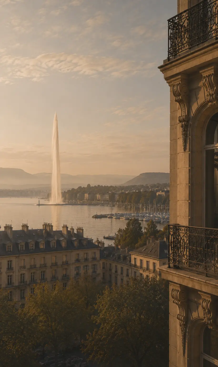 Geneva at golden hour: the Jet d'Eau over the lake, seen past a stone balcony