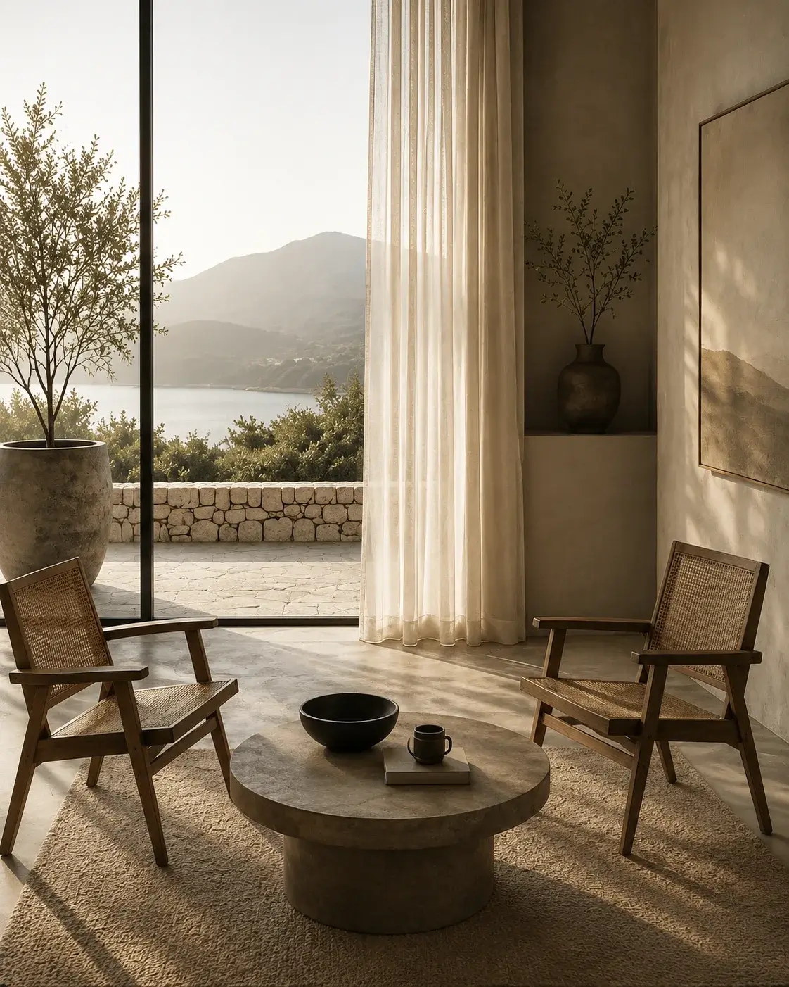 Two cane armchairs and a stone table by a tall window overlooking hills and water