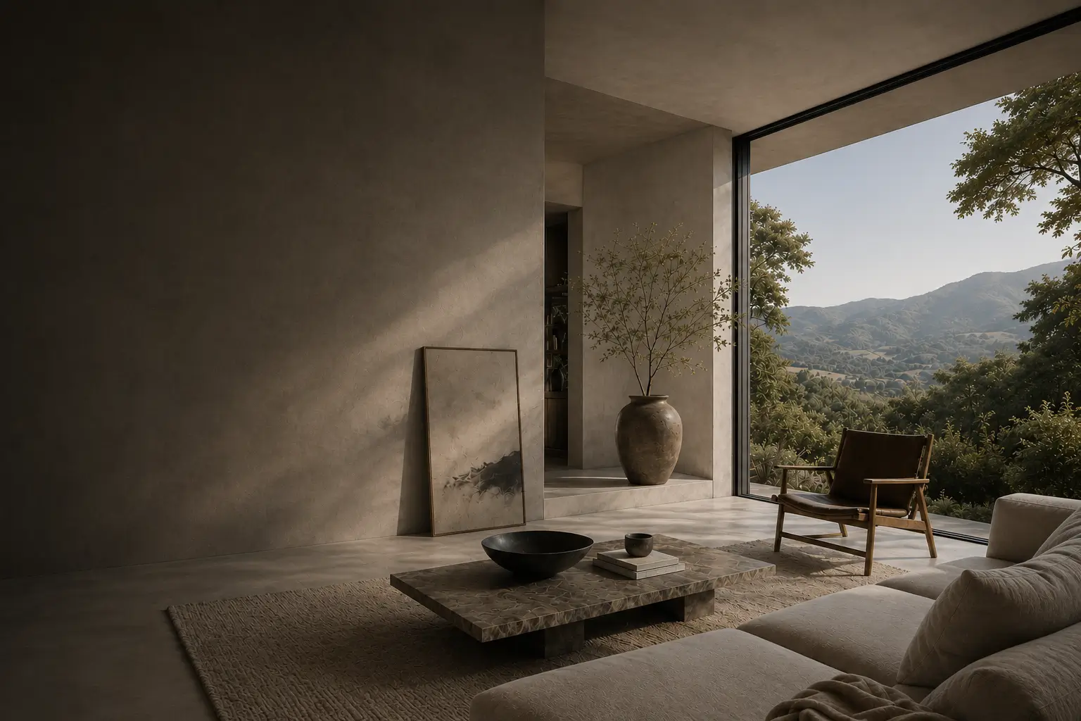 A serene interior at dusk: an armchair and low stone table before a full-height window opening onto wooded hills