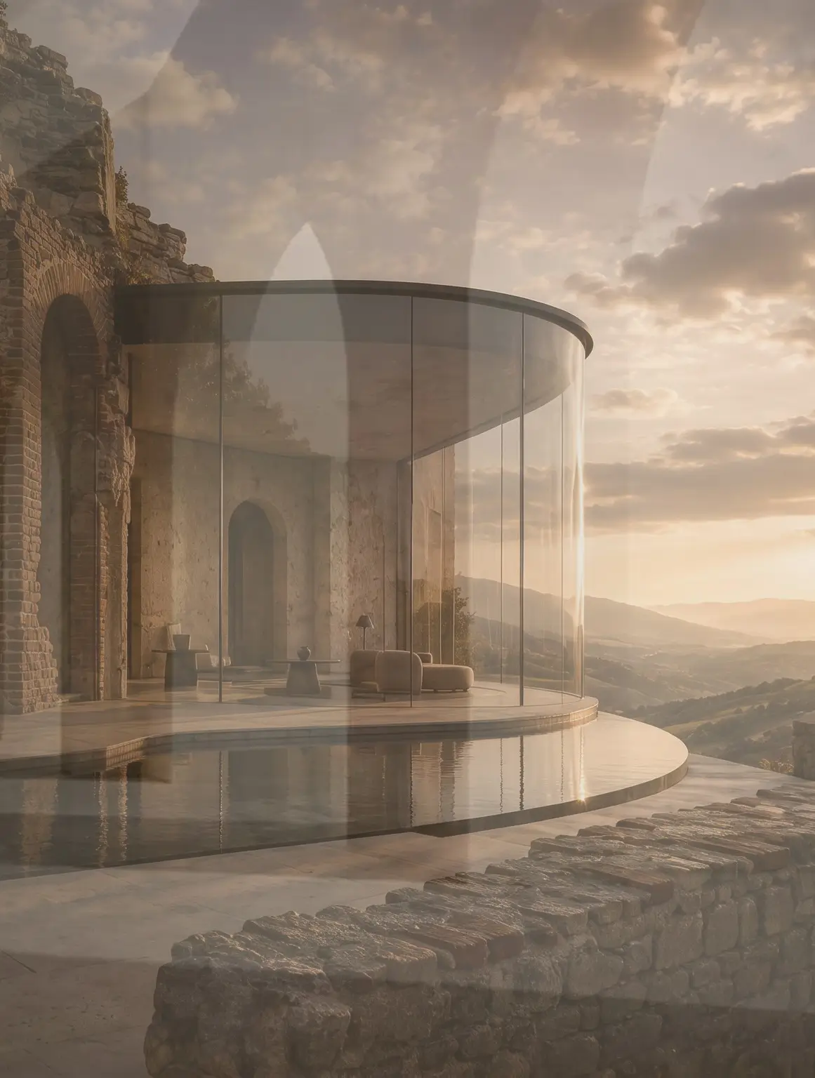 Curved glass pavilion set into a ruined stone wall above the hills at sunset