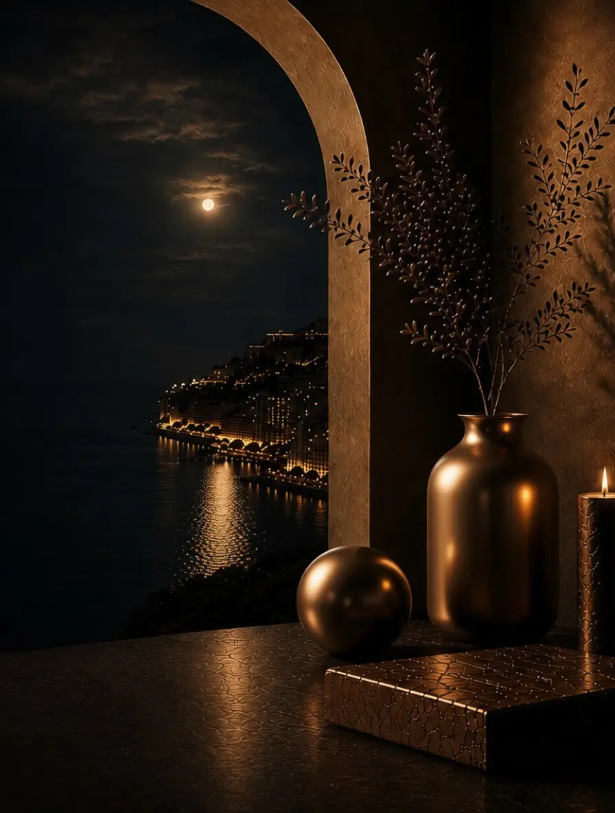 Candlelit interior in bronze and gold overlooking the Monaco coastline at night