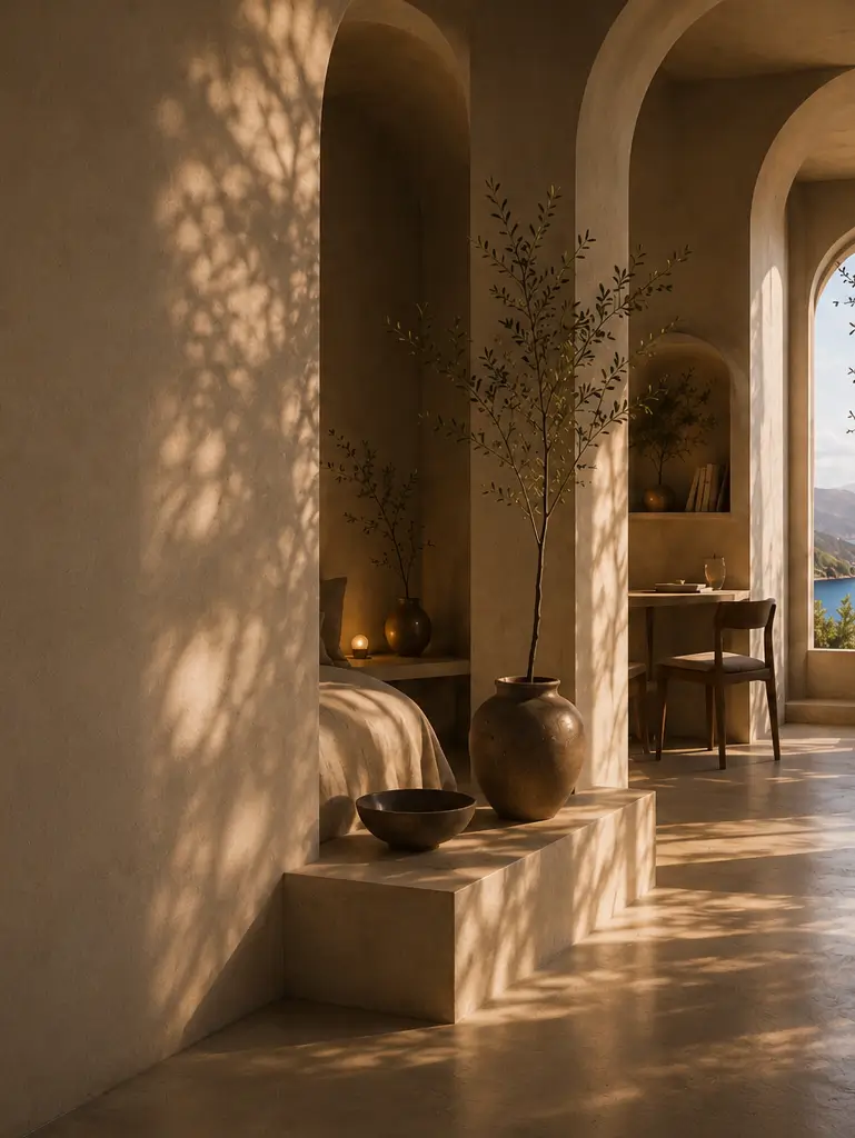 Warm plaster interior with an olive tree and a lake view beyond the arches