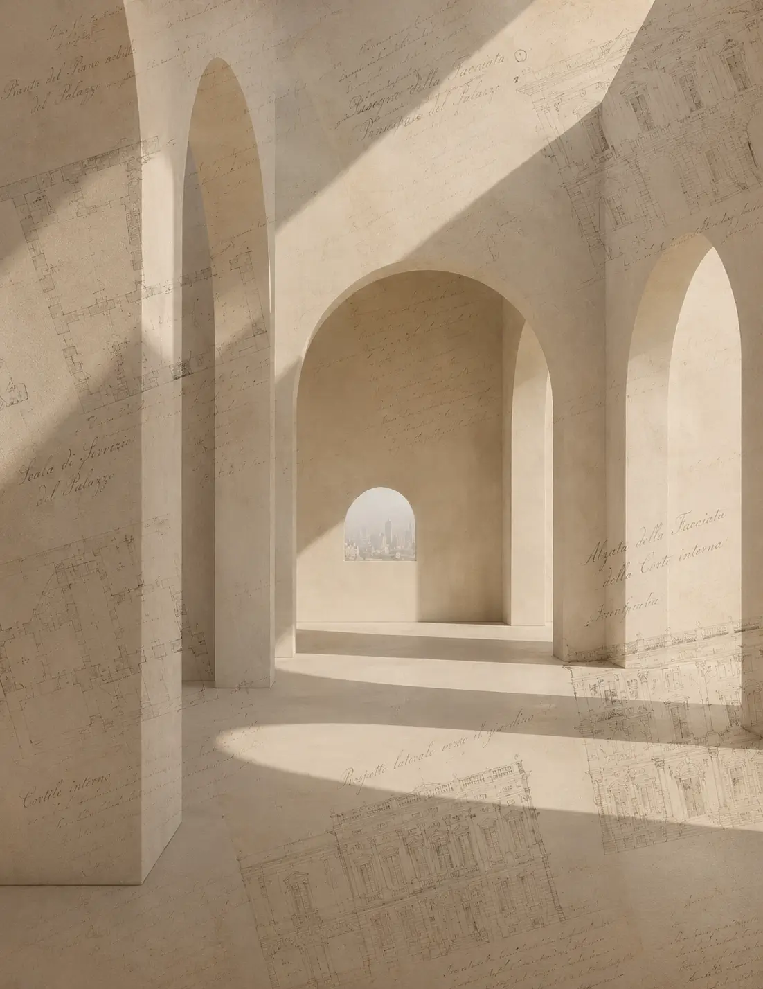 Pale stone arcade crossed by a shaft of daylight, overlaid with architectural blueprint sketches