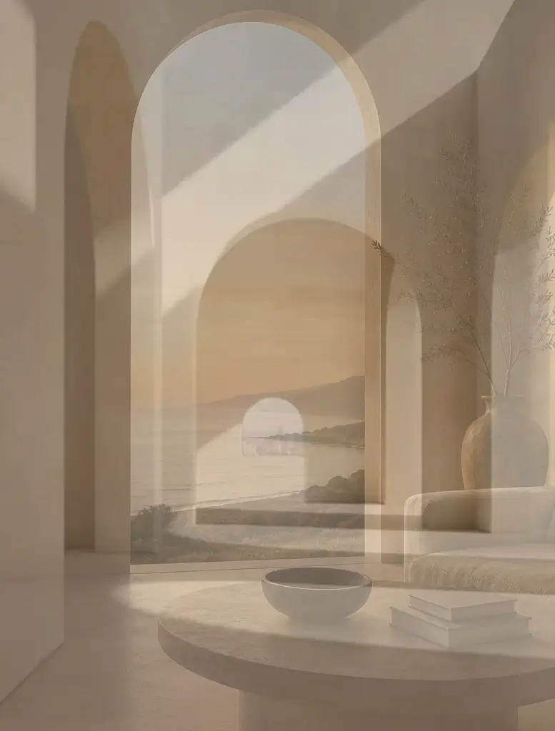 Sunlit arched interior opening onto a coastal horizon