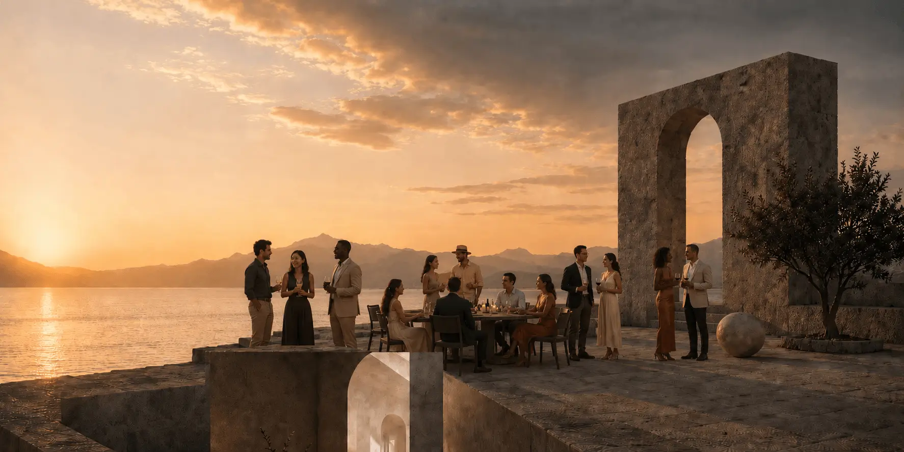 Golden-hour gathering on a Mediterranean terrace with stone arches