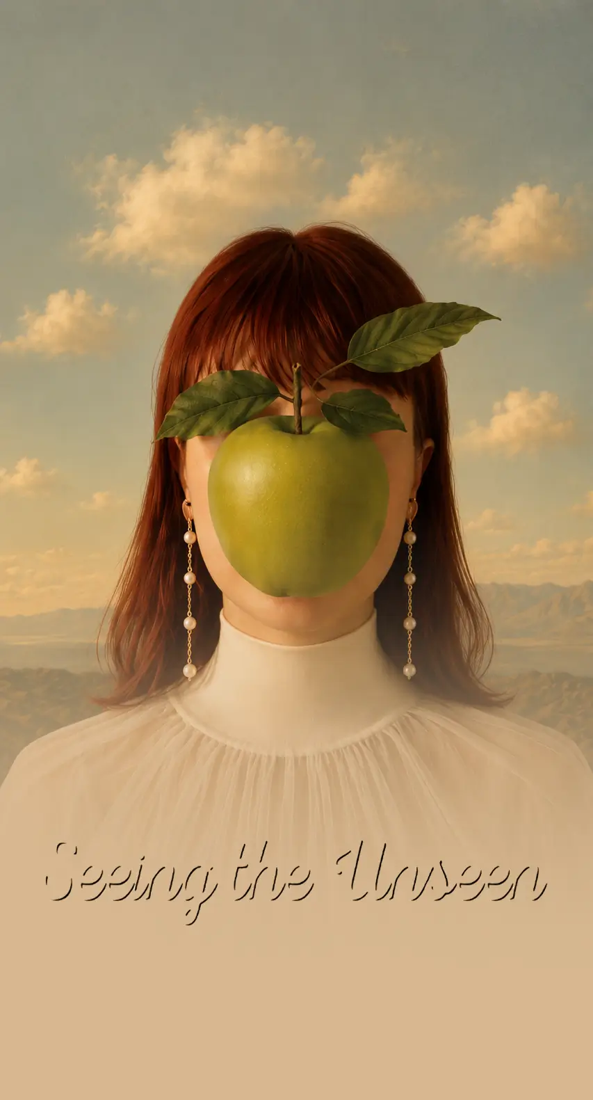 Milena — founder portrait in Renaissance style with Magritte-inspired apple motif, the handwritten words "Seeing the Unseen" across the lower half