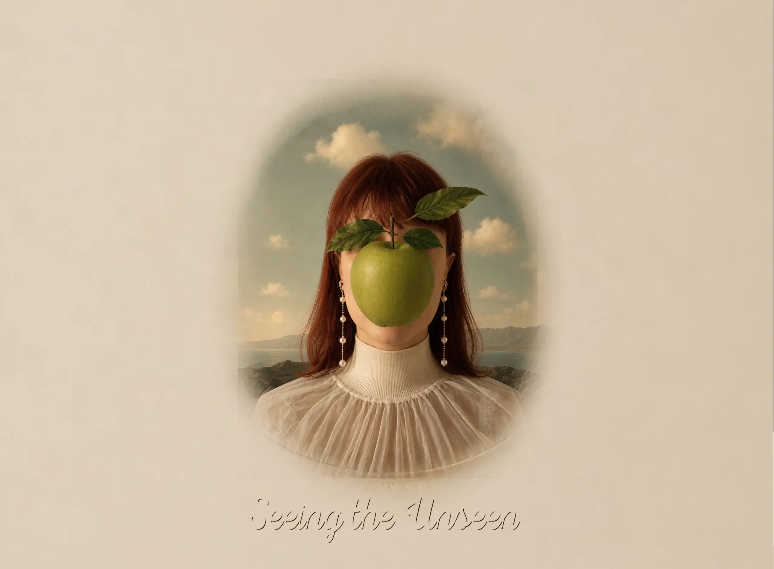 Milena — founder portrait in Renaissance oval style with Magritte-inspired apple motif, above the handwritten words "Seeing the Unseen"
