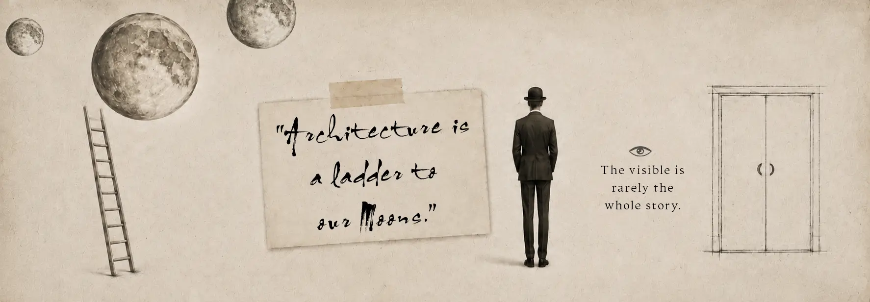 Hand-drawn collage on aged paper: a ladder leaning toward three moons; a taped note reading "Architecture is a ladder to our Moons."; a figure in a bowler hat; an eye above the words "The visible is rarely the whole story."; and a sketched double door