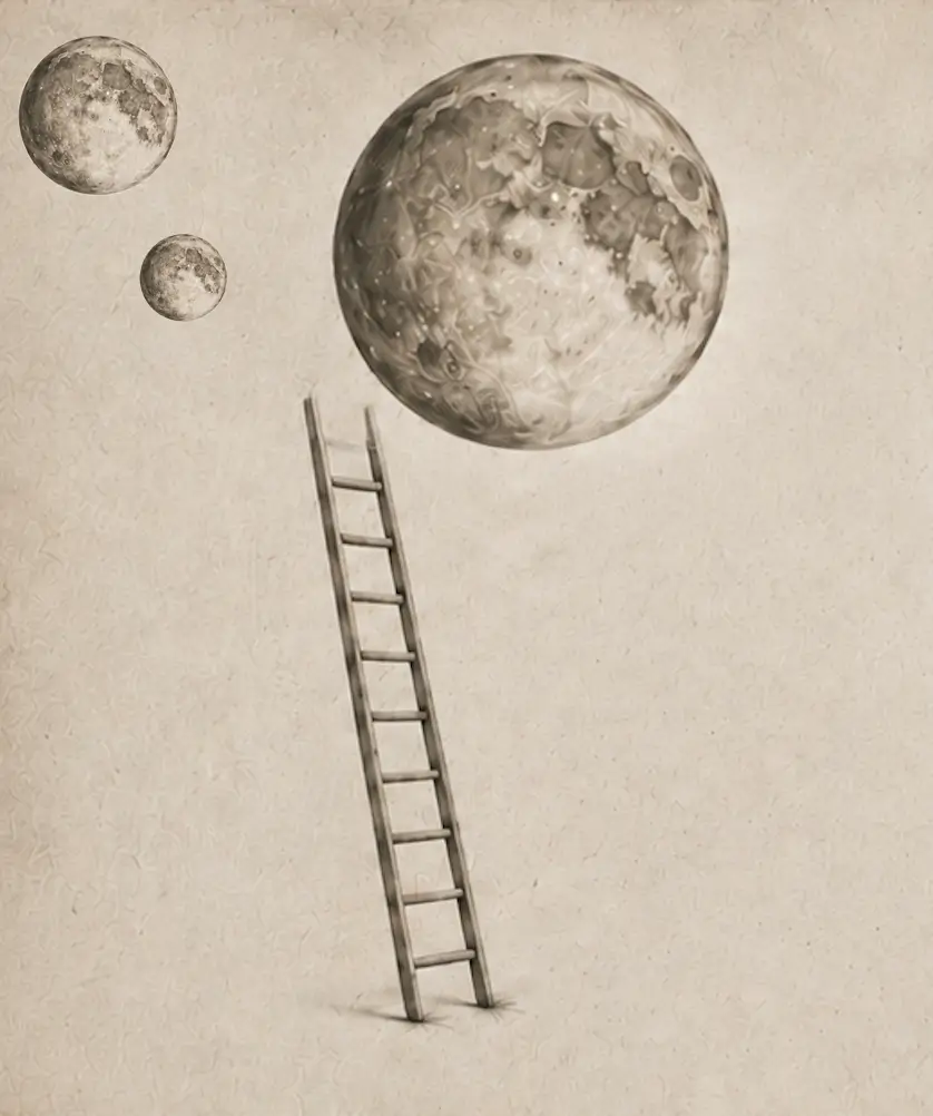 Sketch of a ladder leaning toward three moons on aged paper