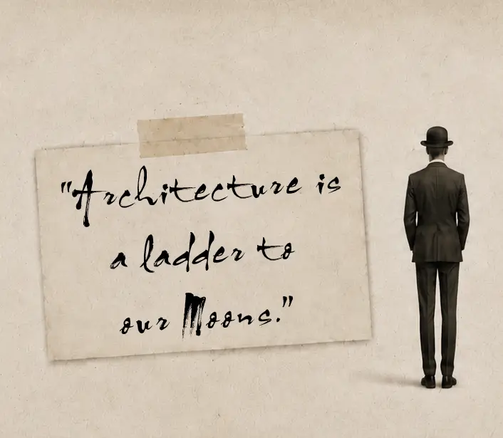Taped note reading "Architecture is a ladder to our Moons." beside a figure in a bowler hat