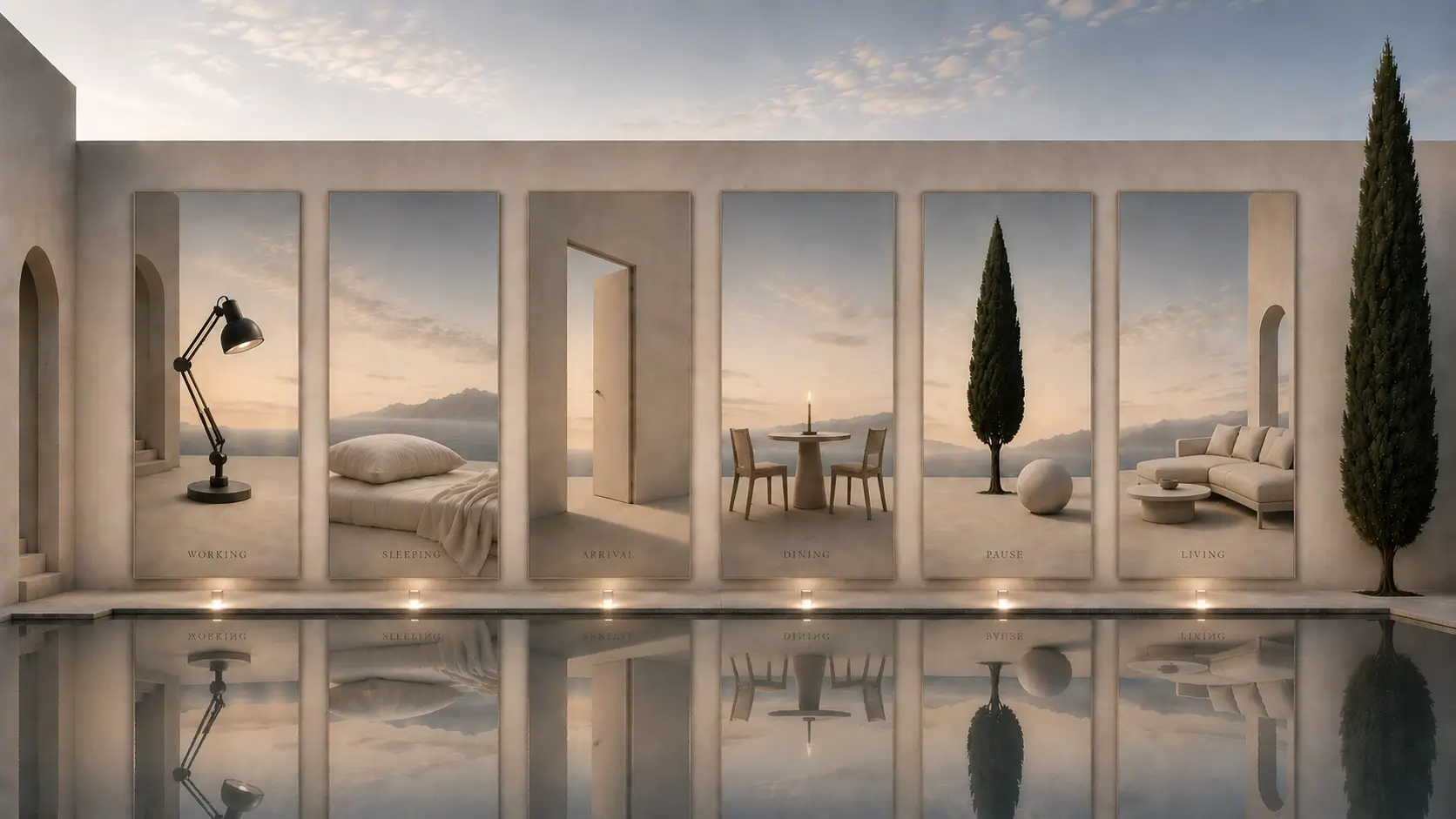 Six rectangular openings in a stone wall reveal rooms — working, sleeping, arrival, dining, pause, living — reflected in a still pool at dusk