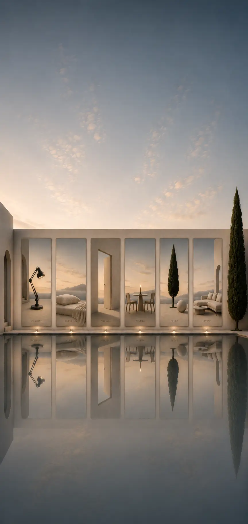 Six rectangular openings in a stone wall reveal rooms — working, sleeping, arrival, dining, pause, living — reflected in a still pool at dusk