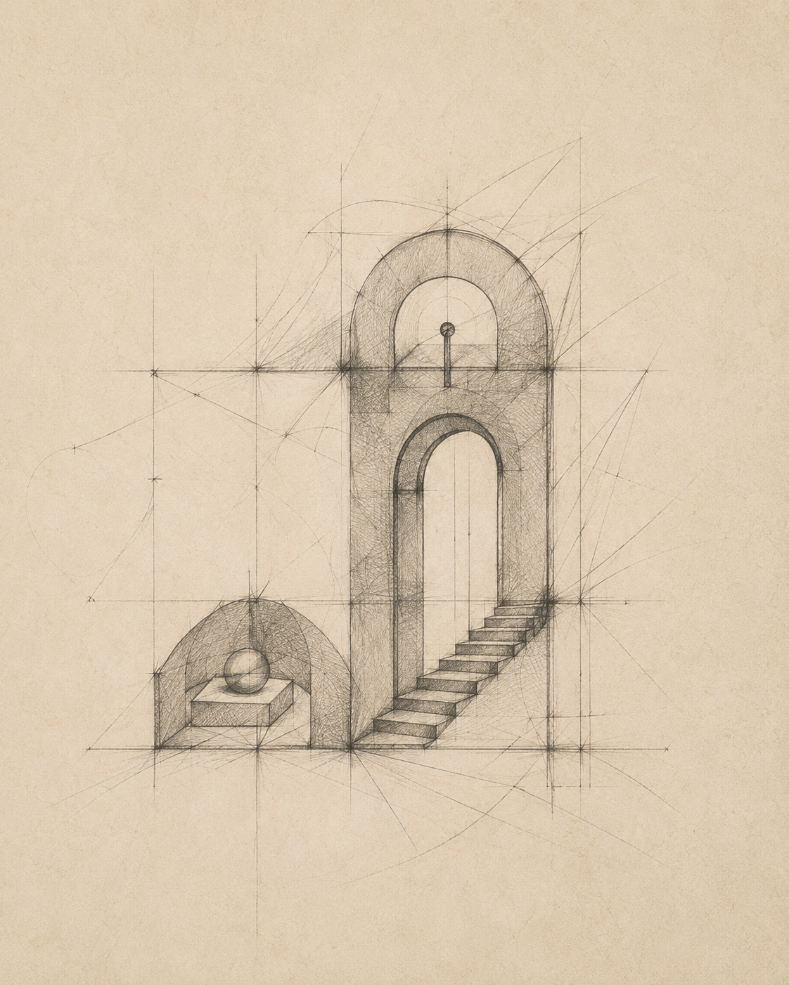 Architectural pencil sketch of arches and stairway