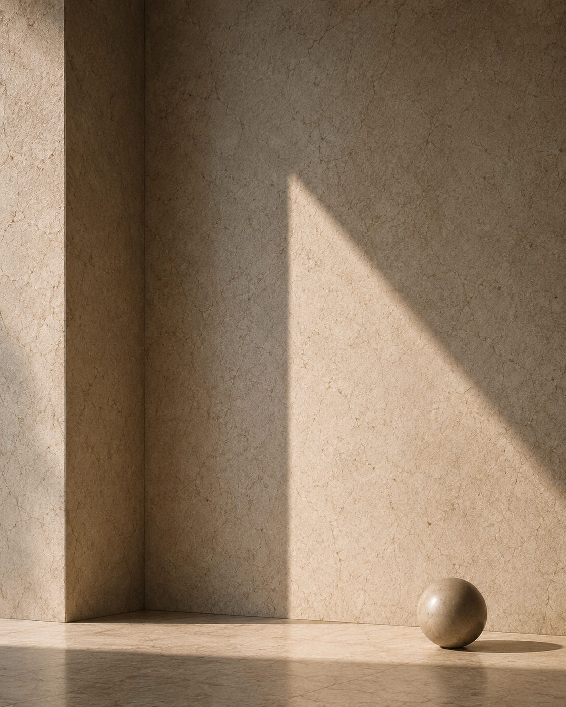 Stone sphere in a sunlit corner with warm shadows