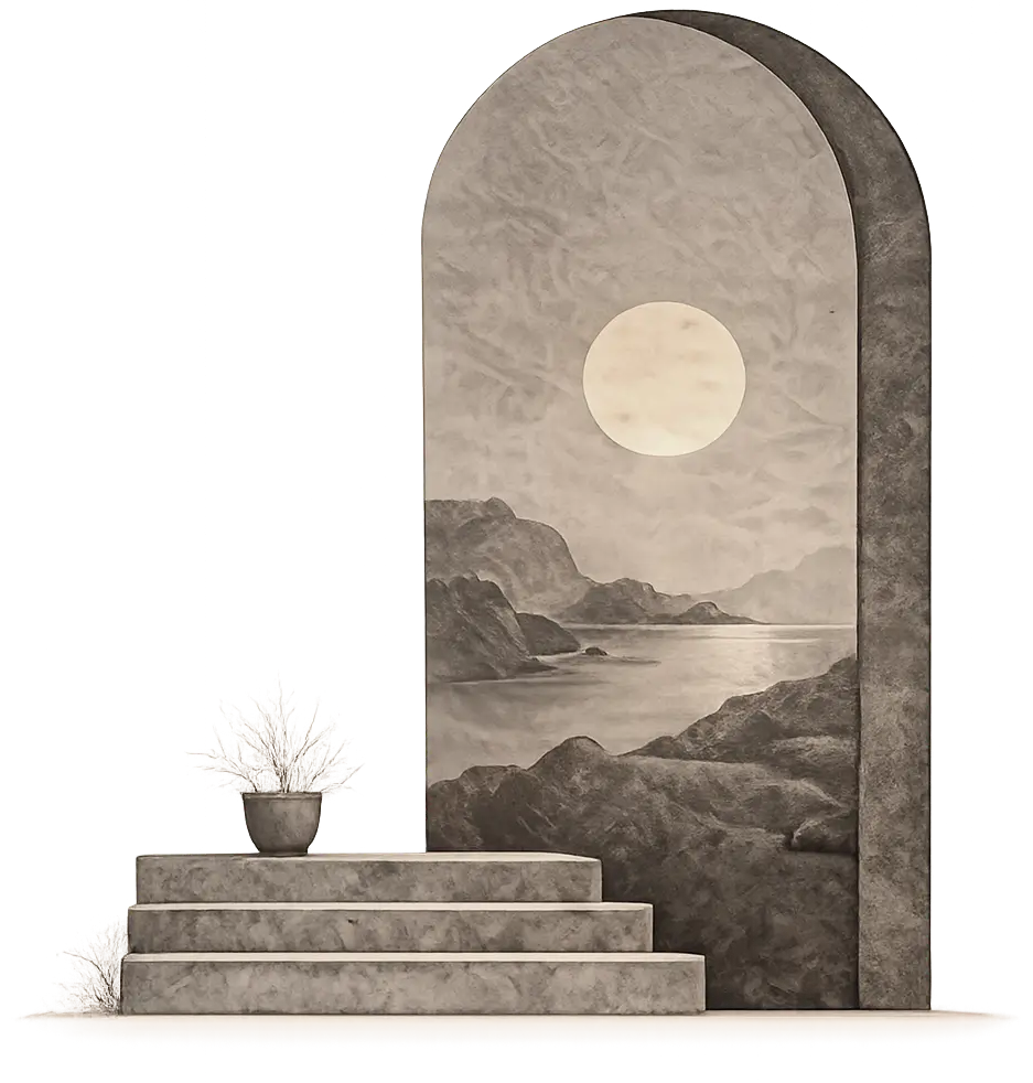 Illustration of a moonlit arch above a stairway