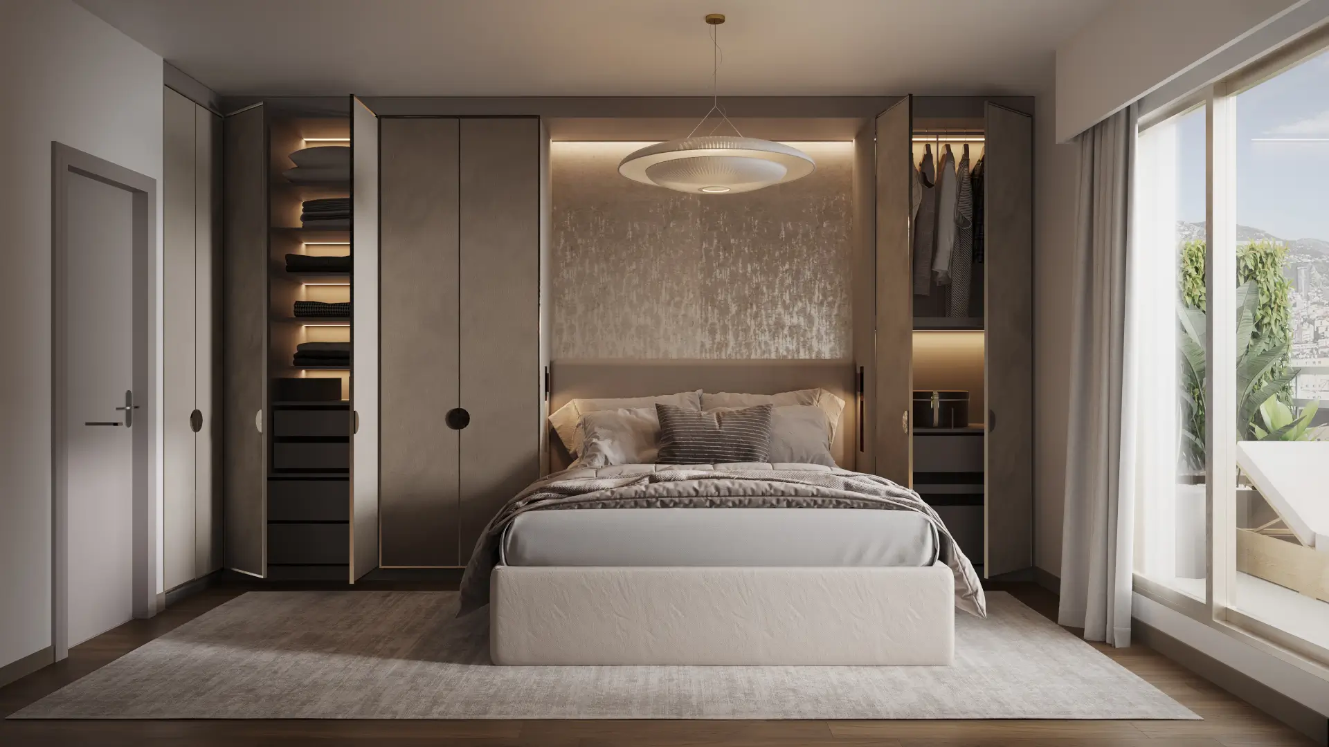 Bed folded down beneath a brass pendant light, framed by full-height wardrobes