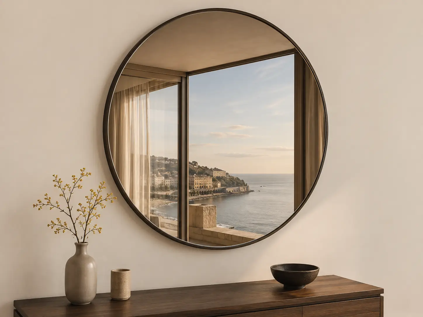 Round mirror reflecting the sea view from the window