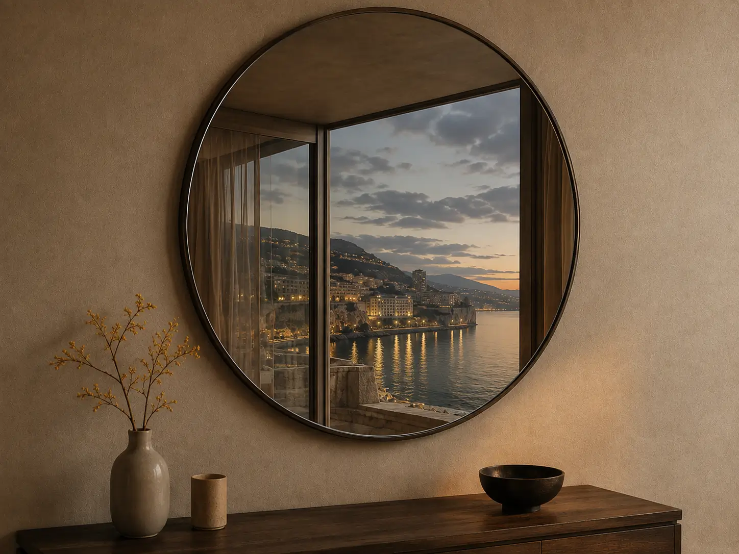 The same mirror at night, reflecting the lit coastline