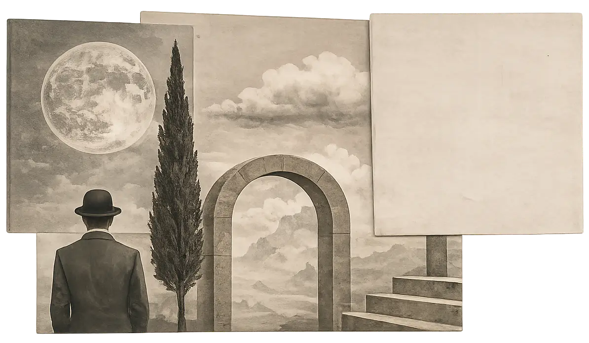 Surrealist illustration of a figure before an arch, a cypress and a full moon