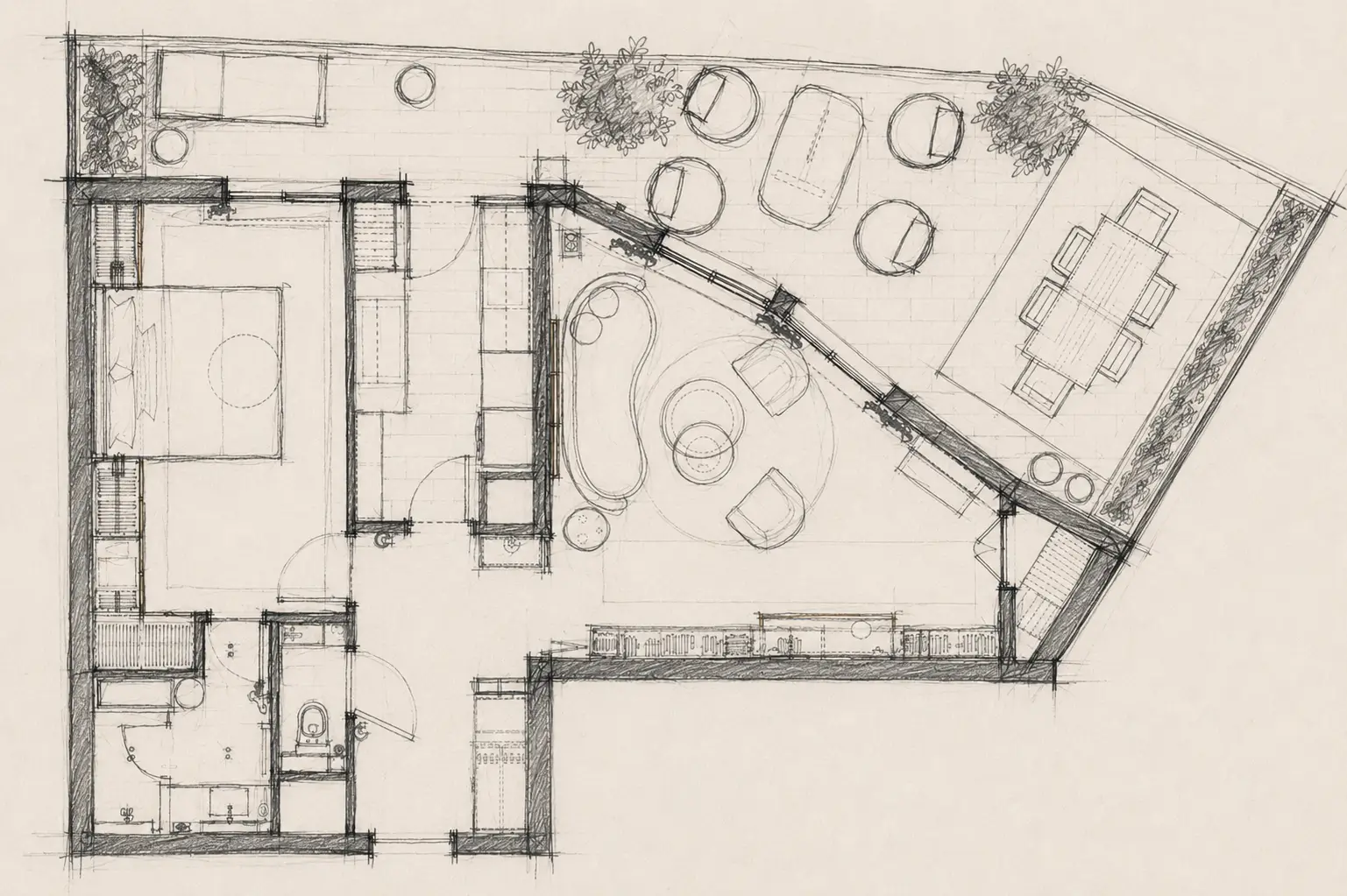 Hand-drawn floor plan sketch of the 22m2 flat