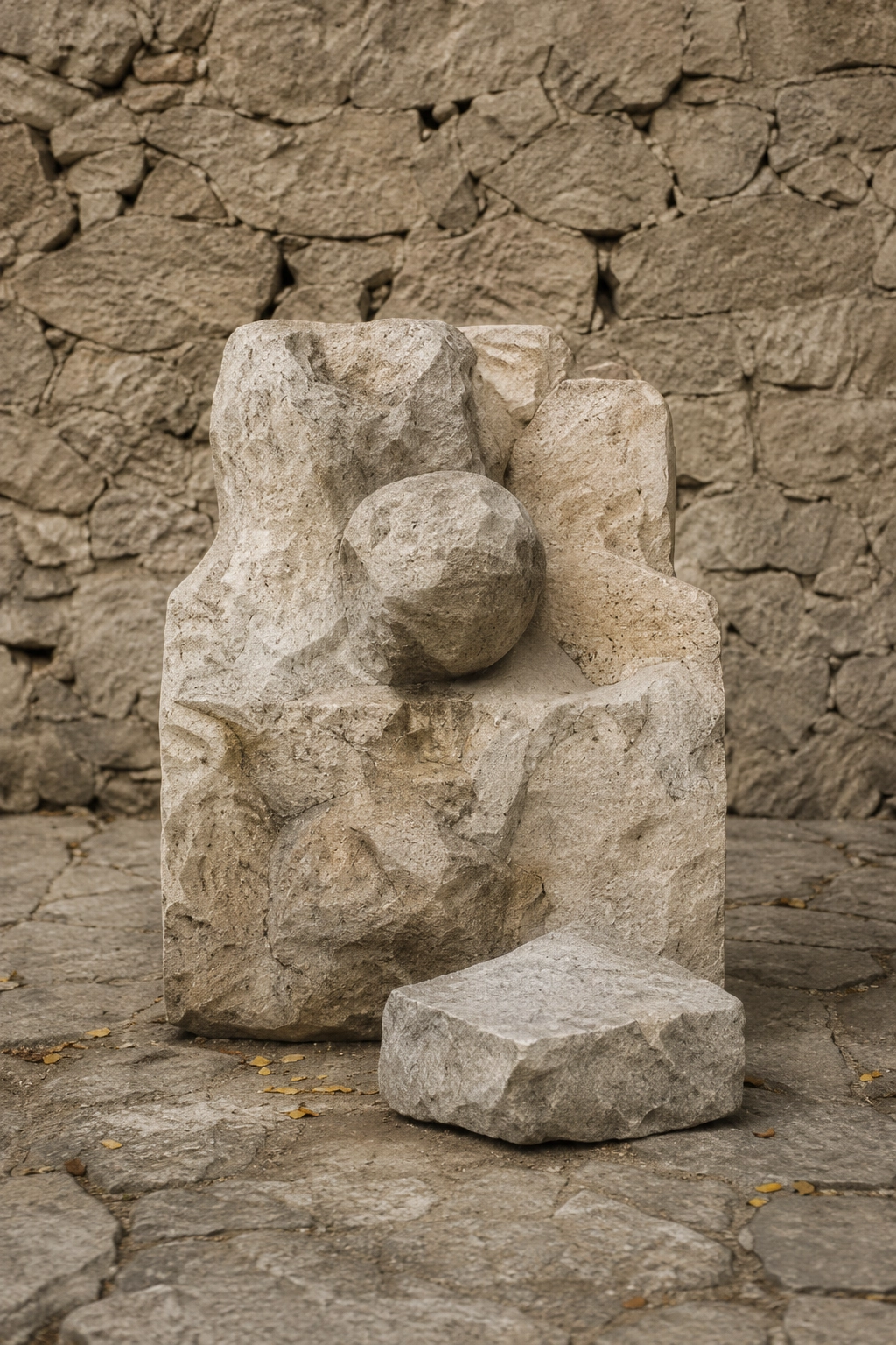Carved stone sculptures against rough stone wall