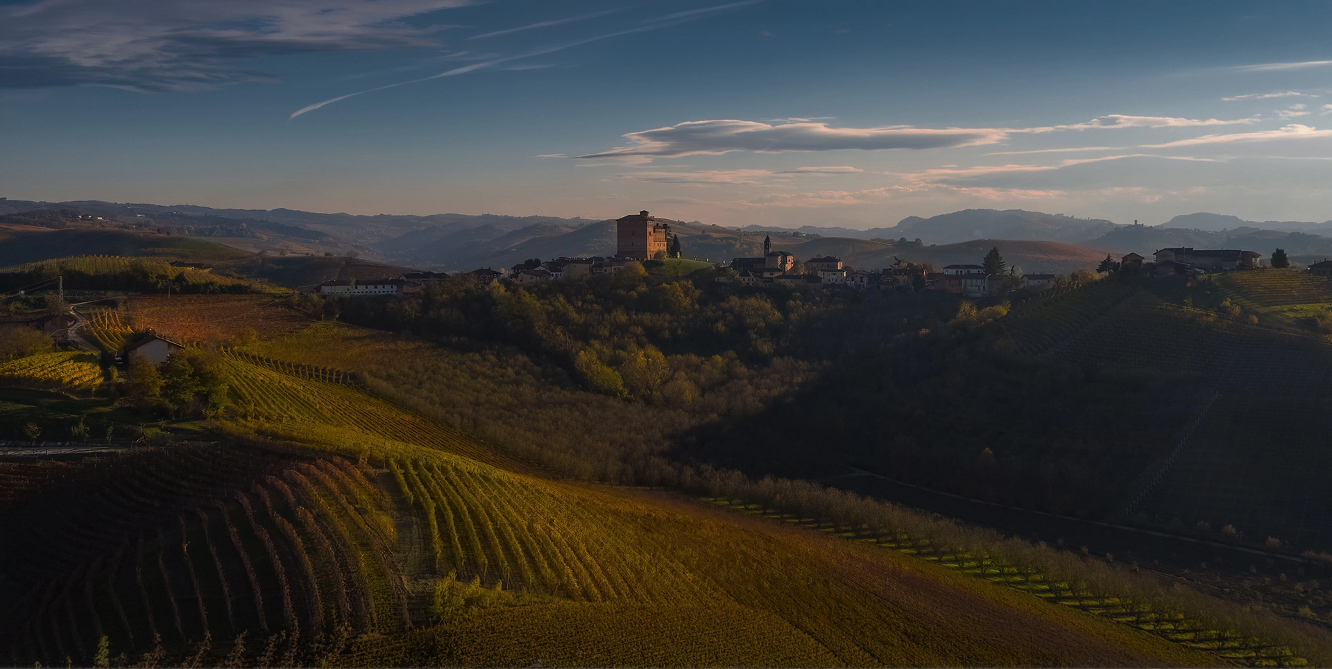 Monferrato hillside village at golden hour