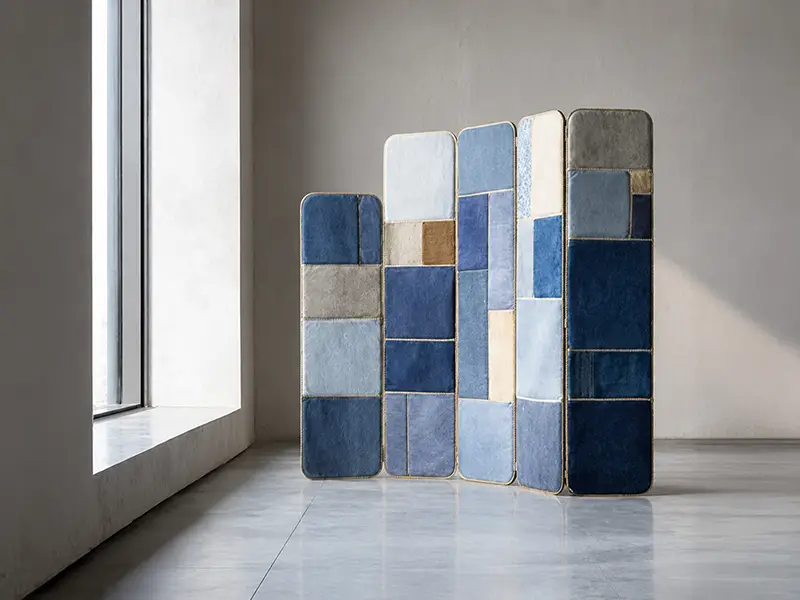 Denim Sky — denim offcut screen with recycled metal frame