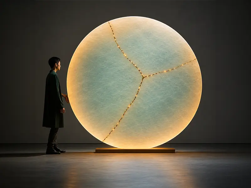 Fault Lines — illuminated onyx disc with recycled brass veins