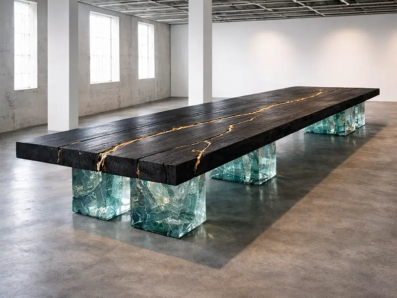 Tectonic — reclaimed wood dining table with bronze and recycled glass