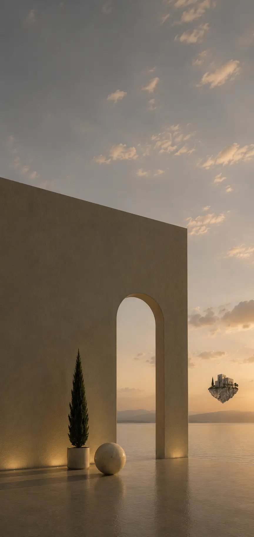 Sunlit stone wall with an arched opening onto a calm sea at sunset, a cypress and marble sphere in the foreground and a small island floating on the horizon