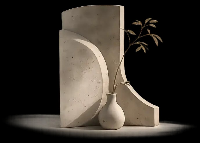Stone arch maquette with a sprig of green in a vase against a soft beige backdrop