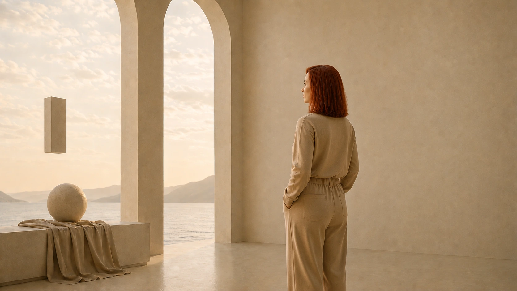 Agnes Kovendi standing in a minimalist seaside hall, The Designer