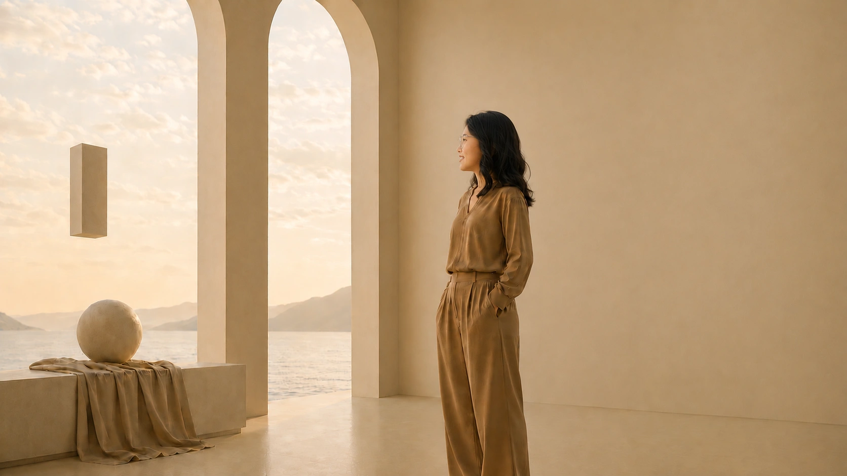 April Furio standing in a minimalist seaside hall, The Navigator