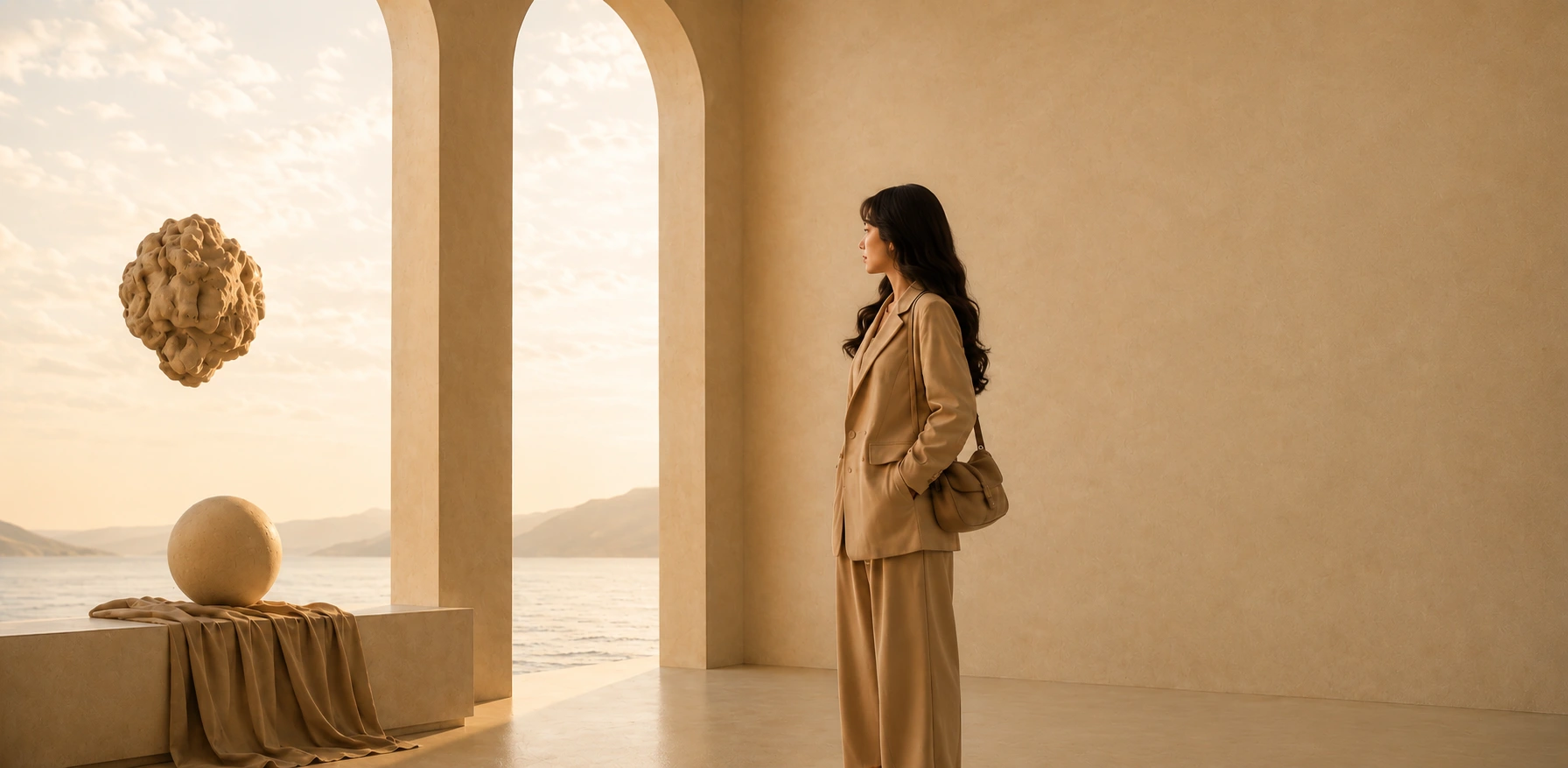 Jazmine Andal standing in a minimalist seaside hall, The Humanist