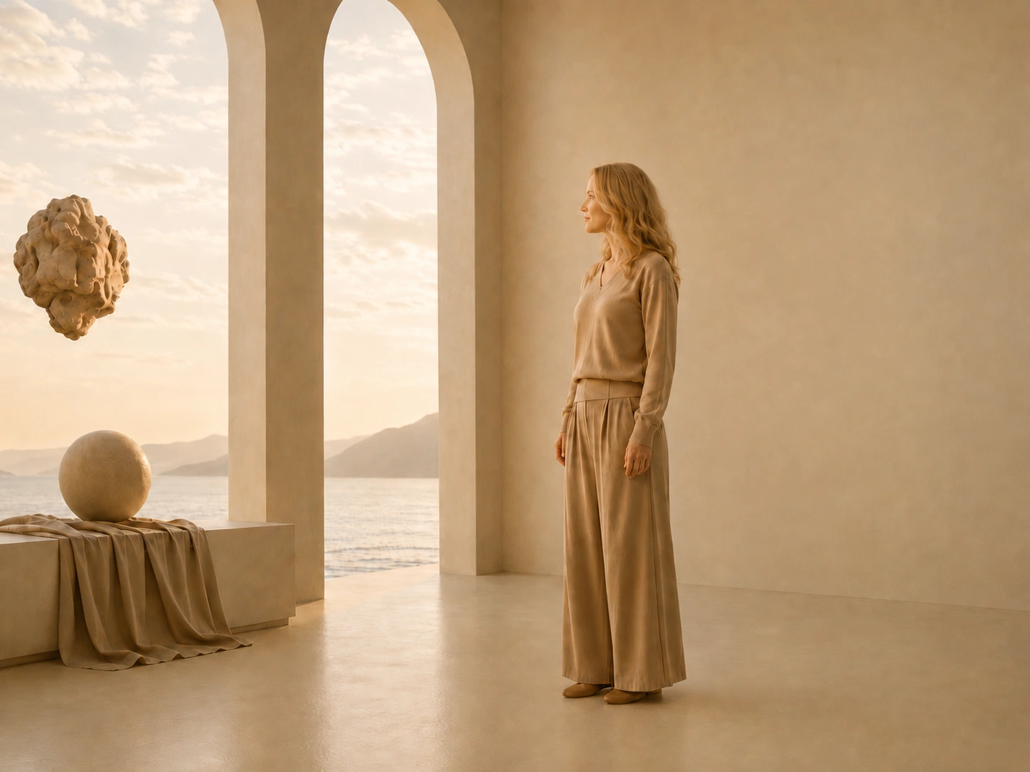 Karolina Simiot standing in a minimalist seaside hall, The Translator