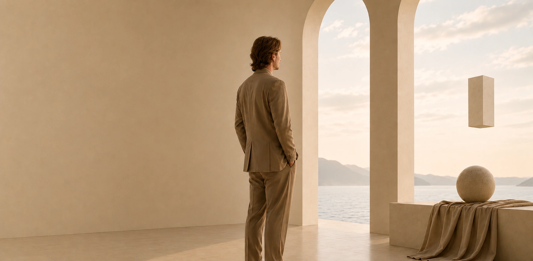 Luka Muller standing in a minimalist seaside hall, The Communicator