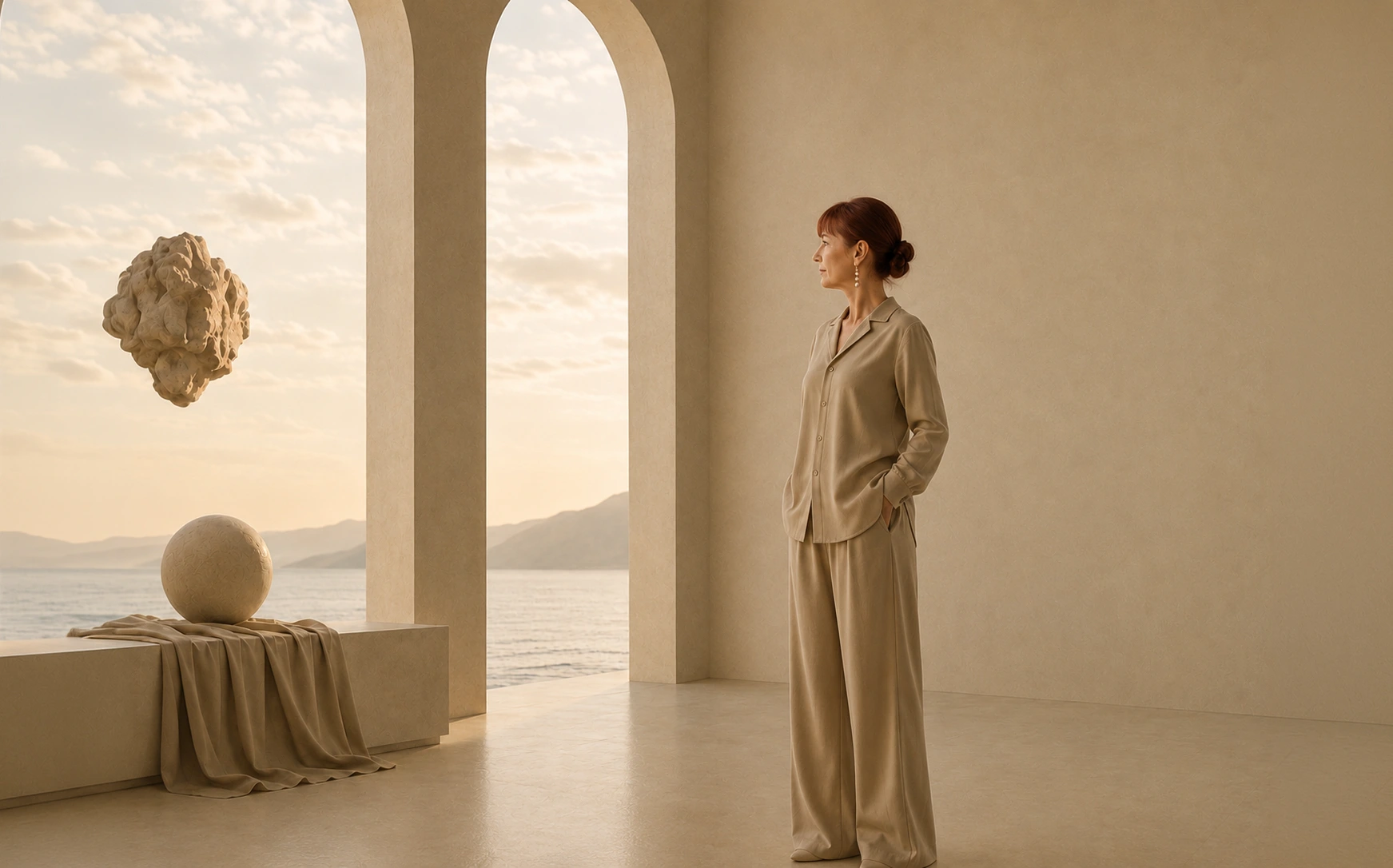 Milena Cvijanovich standing in a minimalist seaside hall, The Artist