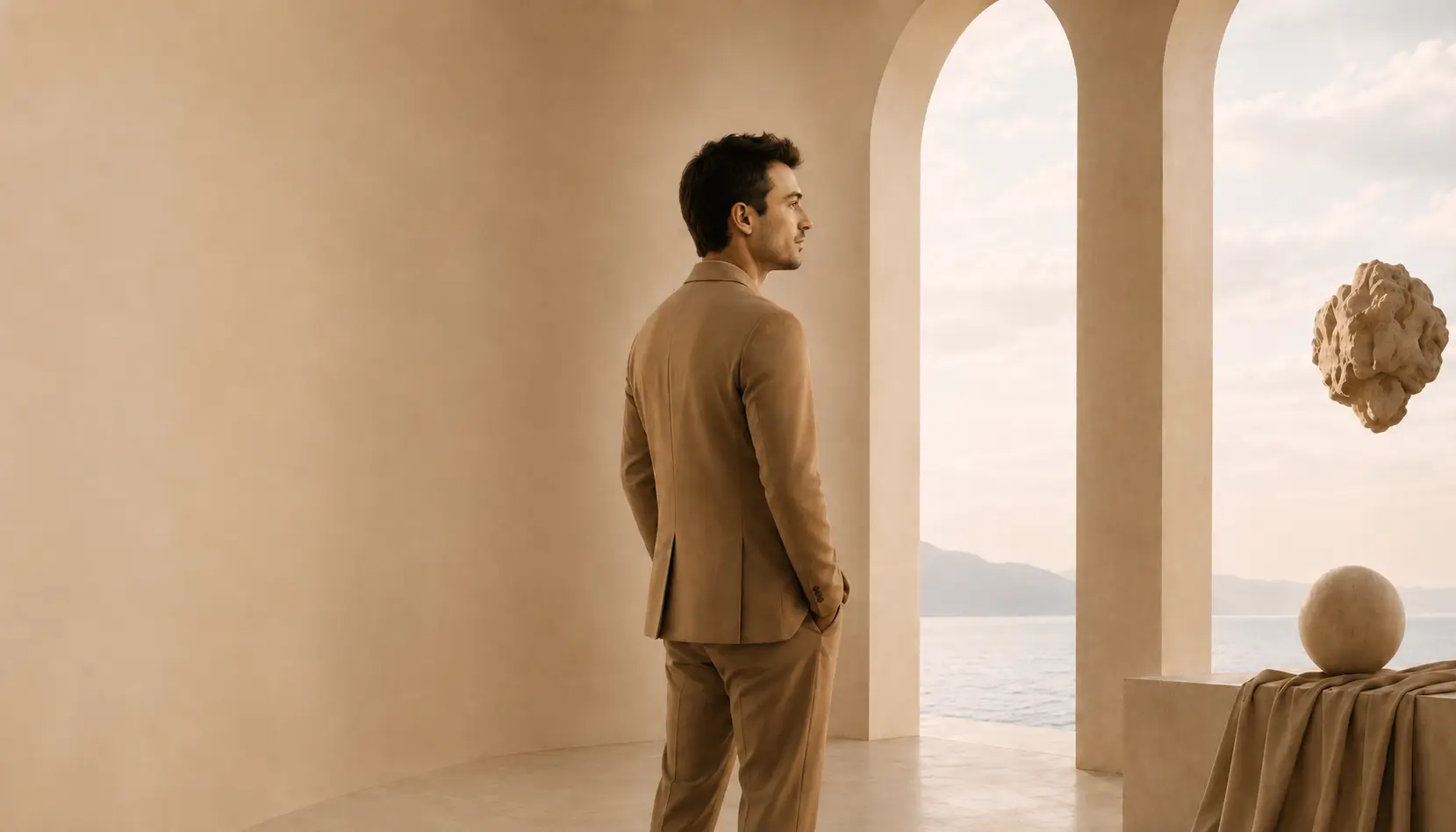 Nenad Stijovic standing in a minimalist seaside hall, The Witness