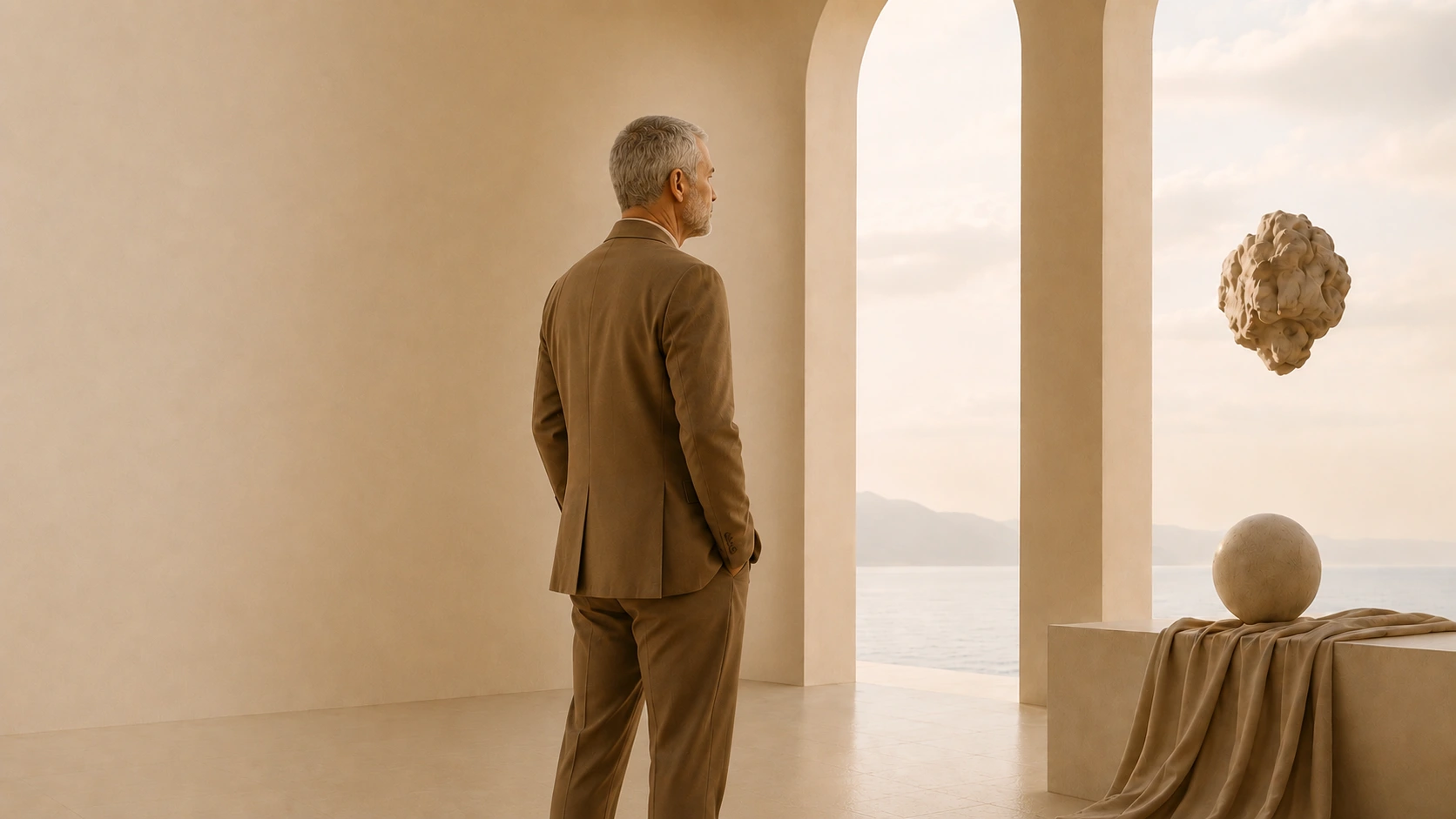 Paolo Spada standing in a minimalist seaside hall, The Visionary
