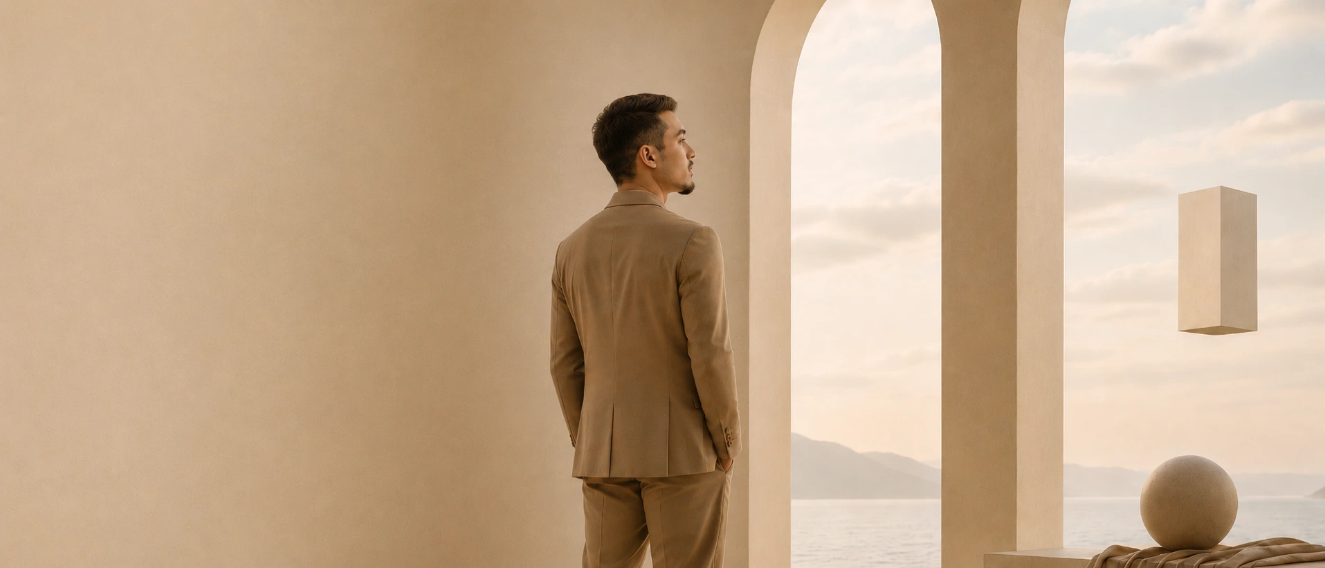 Yasser Berrehail standing in a minimalist seaside hall, The Craftsman