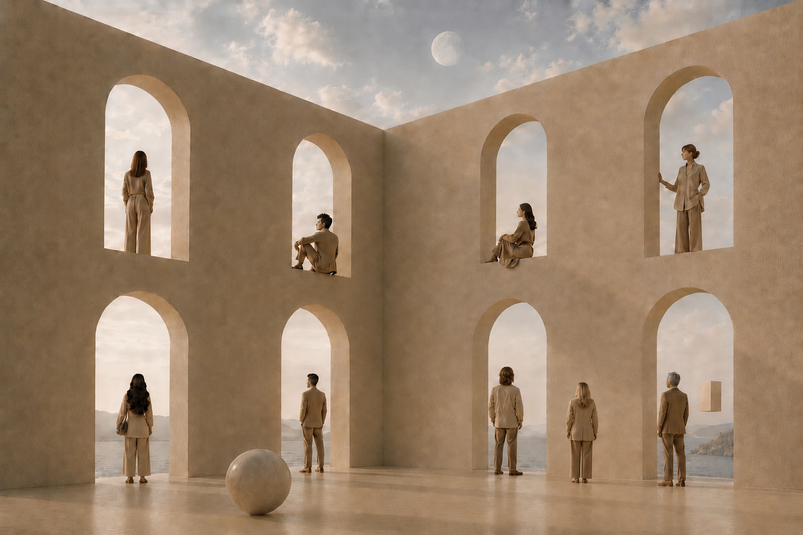 Nomadessence team members positioned within arched stone niches in a minimalist seaside hall overlooking the Mediterranean